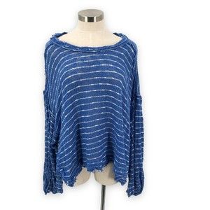 We The Free People Medium Striped Island Girl Hacci Top in Blue Oversized Knit